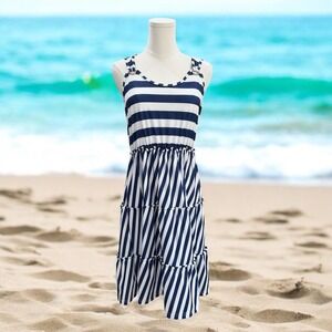 Navy White Striped Tiered Sundress Womens Medium Beach Summer Casual Sleeveless
